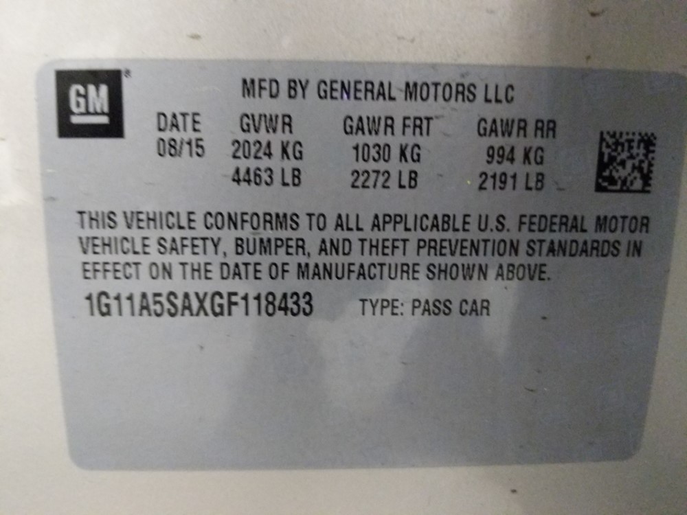 2016 Chevrolet Malibu - VIN Plate