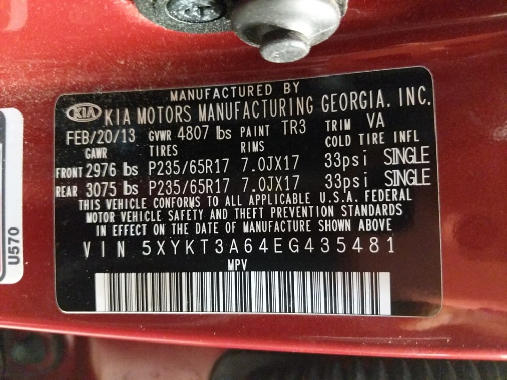 2014 Kia Sorento - VIN Plate