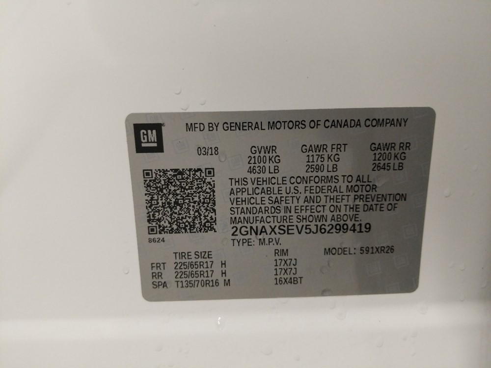 2018 Chevrolet Equinox - VIN Plate