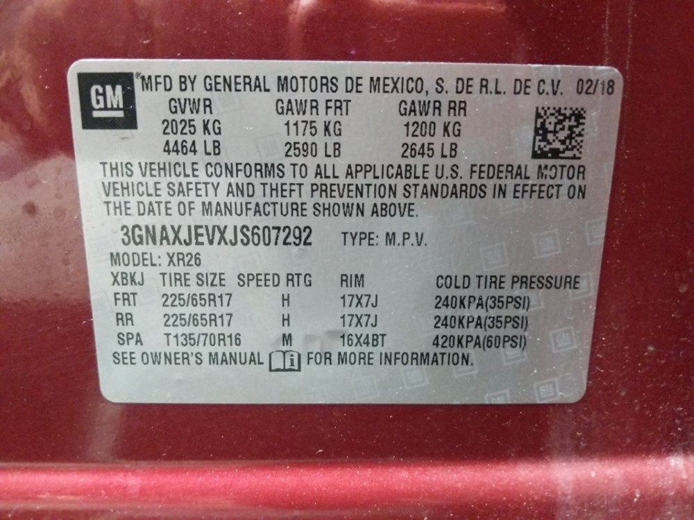 2018 Chevrolet Equinox - VIN Plate