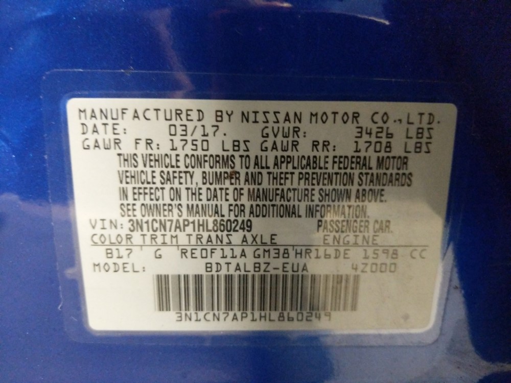 2017 Nissan Versa - VIN Plate