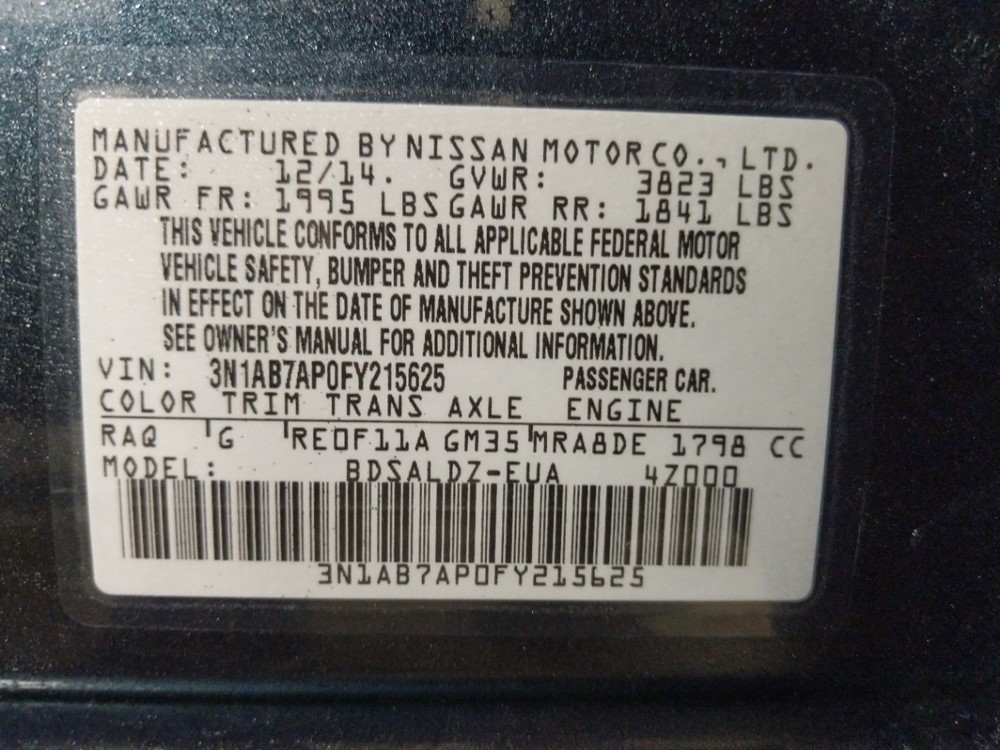 2015 Nissan Sentra - VIN Plate