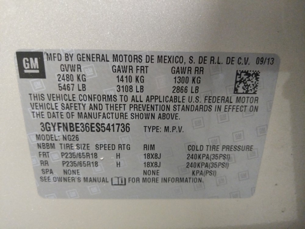 2014 Cadillac SRX - VIN Plate