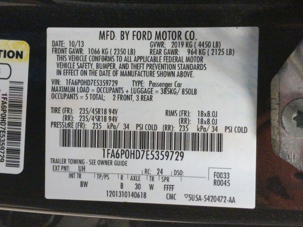 2014 Ford Fusion - VIN Plate