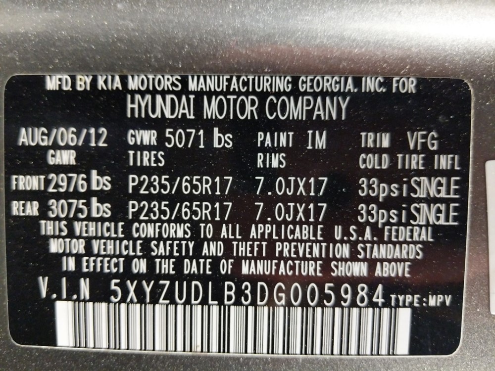 2013 Hyundai Santa Fe - VIN Plate
