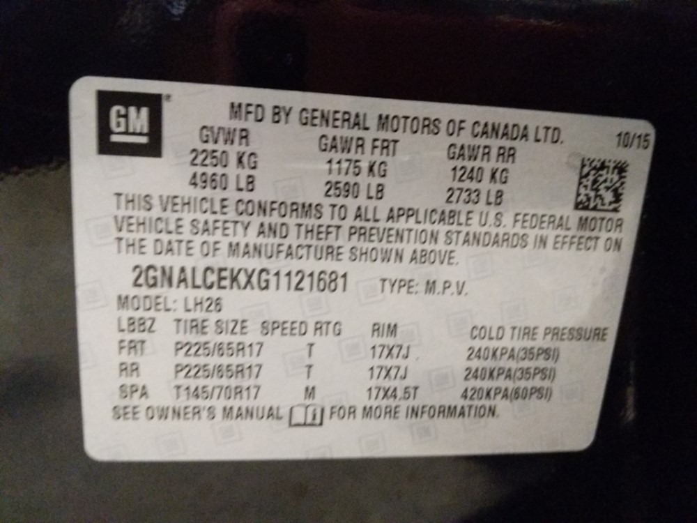 2016 Chevrolet Equinox - VIN Plate