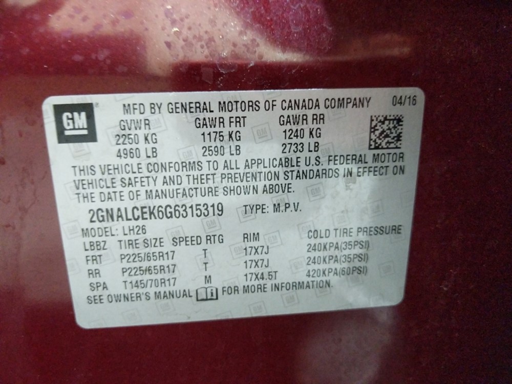 2016 Chevrolet Equinox - VIN Plate