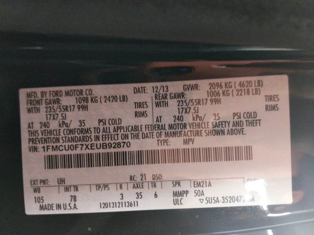 2014 Ford Escape - VIN Plate