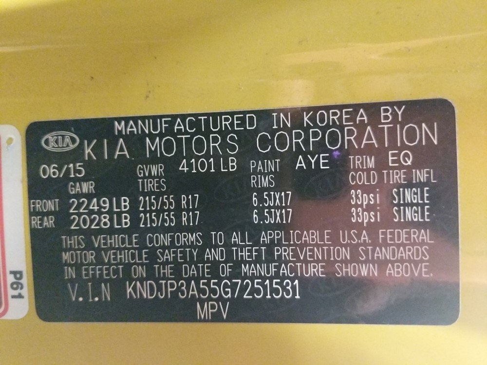 2016 Kia Soul - VIN Plate