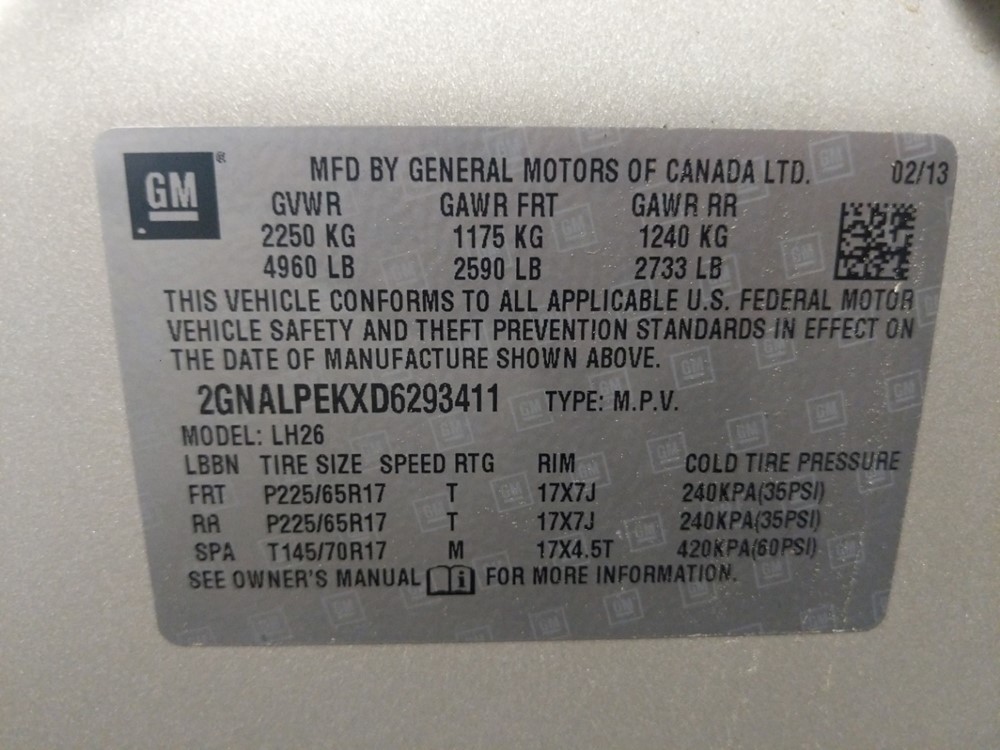 2013 Chevrolet Equinox - VIN Plate