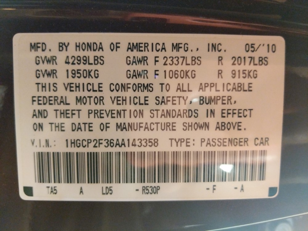 2010 Honda Accord - VIN Plate