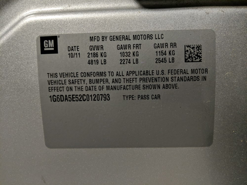 2012 Cadillac CTS - VIN Plate