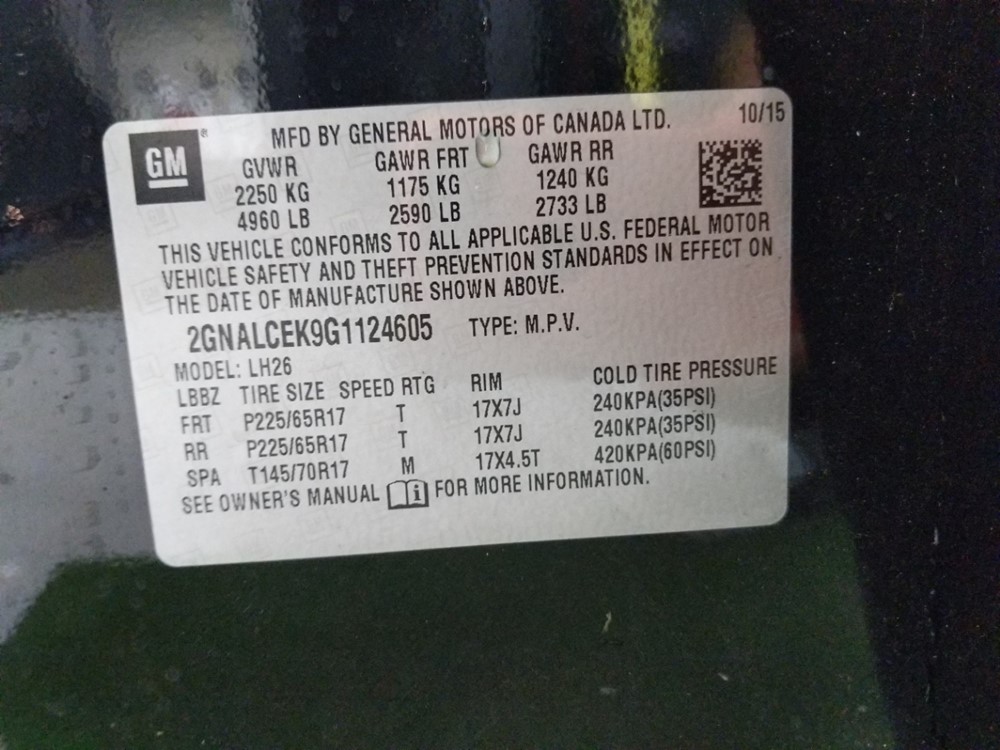 2016 Chevrolet Equinox - VIN Plate