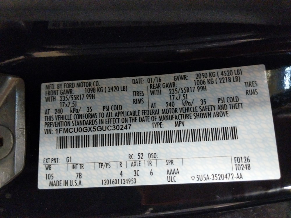 2016 Ford Escape - VIN Plate