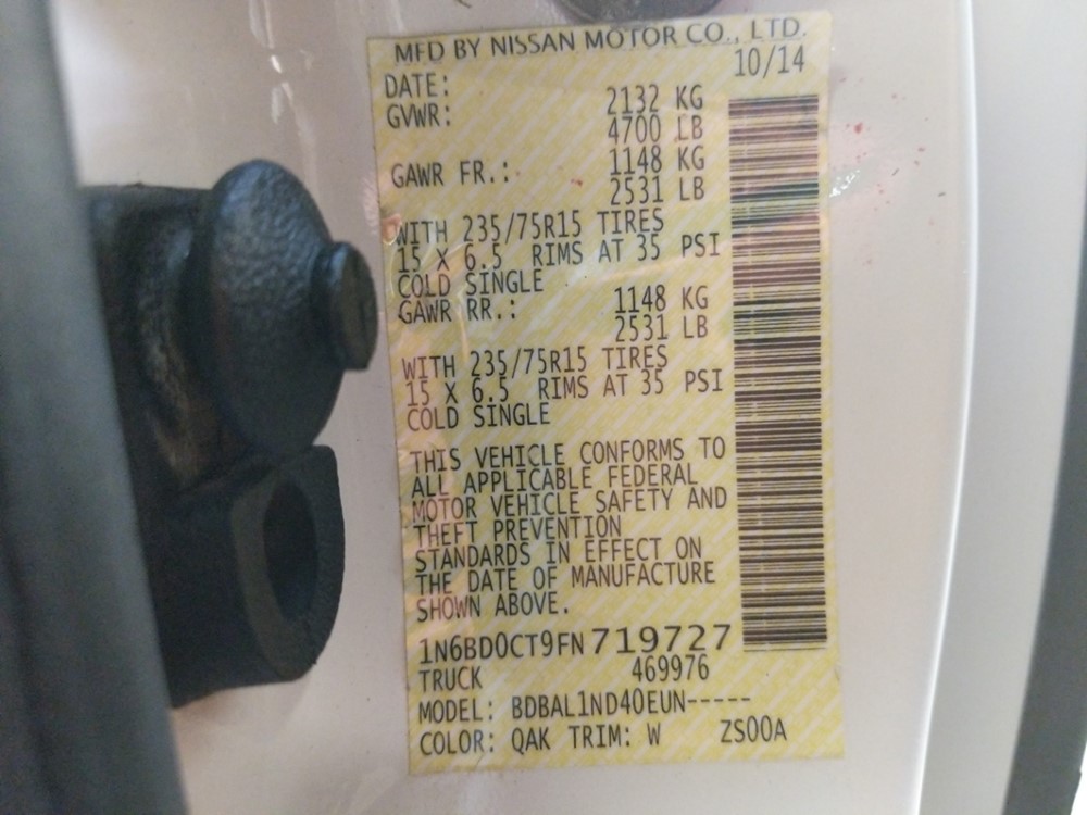 2015 Nissan Frontier - VIN Plate
