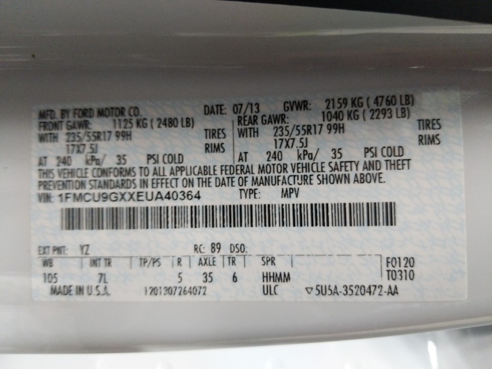 2014 Ford Escape - VIN Plate
