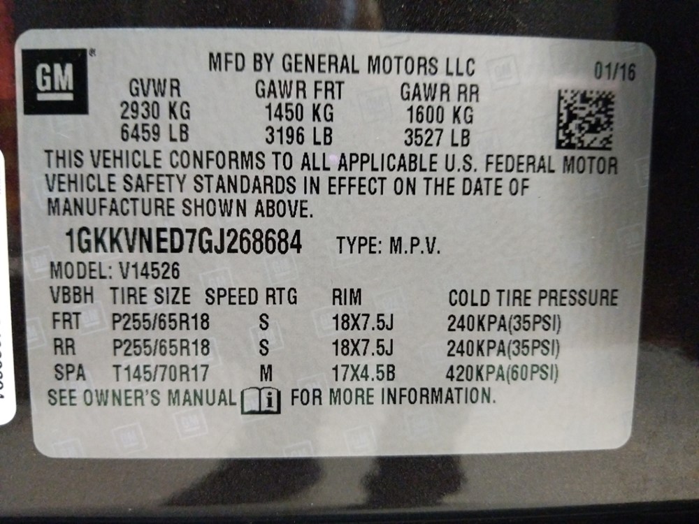 2016 GMC Acadia - VIN Plate
