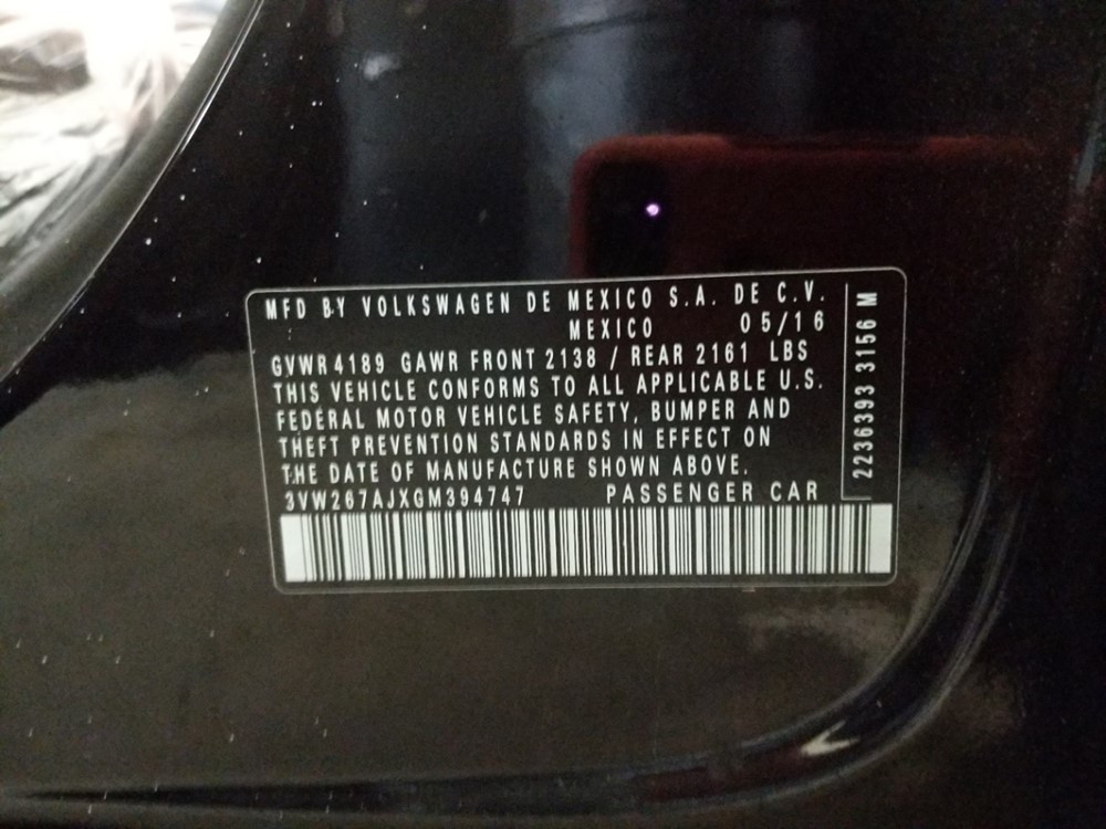 2016 Volkswagen Jetta - VIN Plate