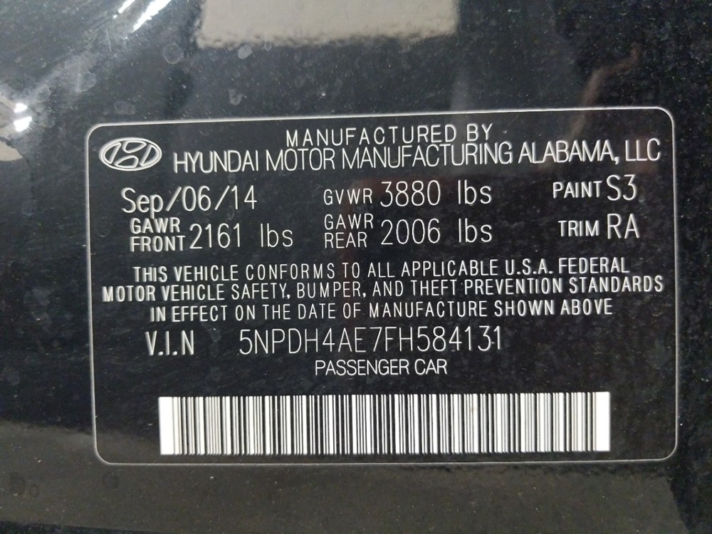 2015 Hyundai Elantra - VIN Plate