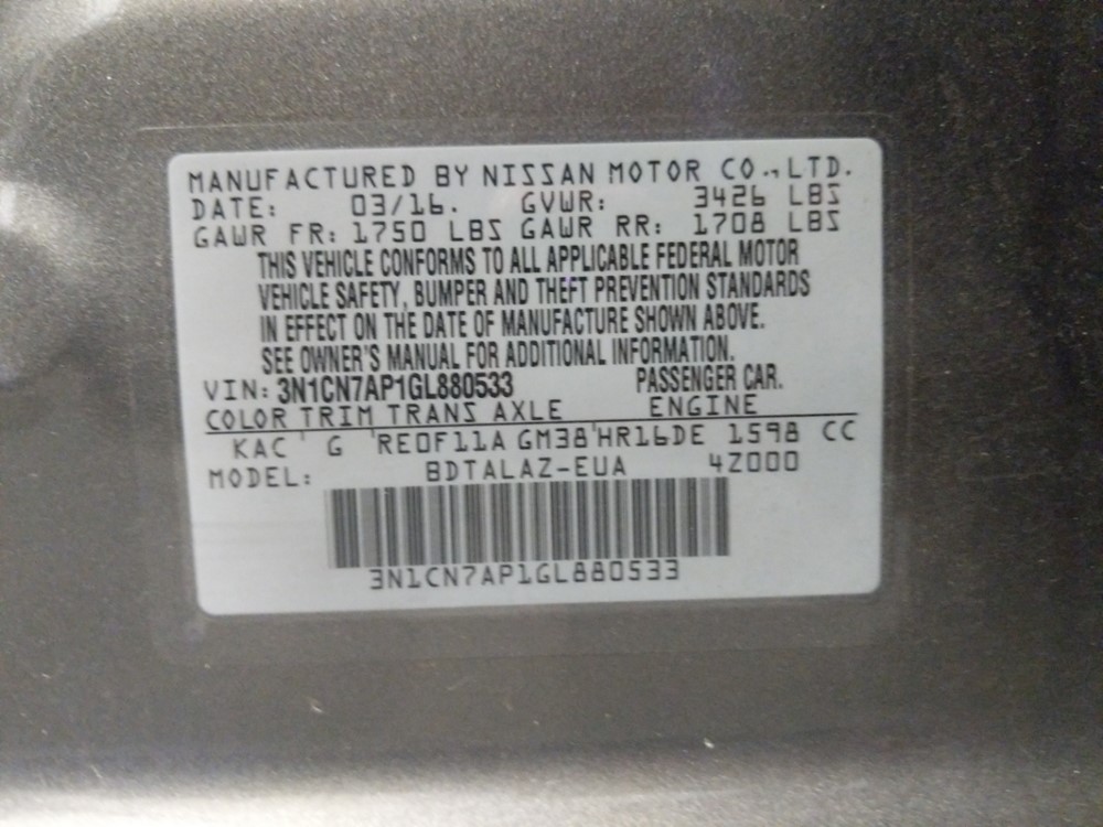 2016 Nissan Versa - VIN Plate