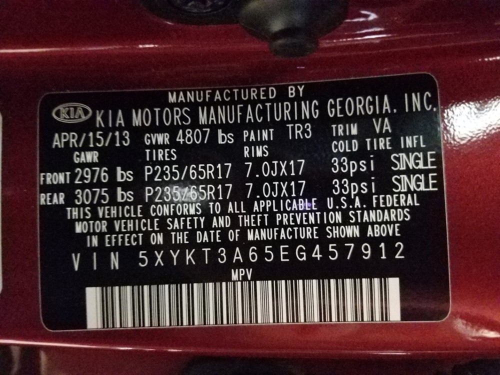 2014 Kia Sorento - VIN Plate