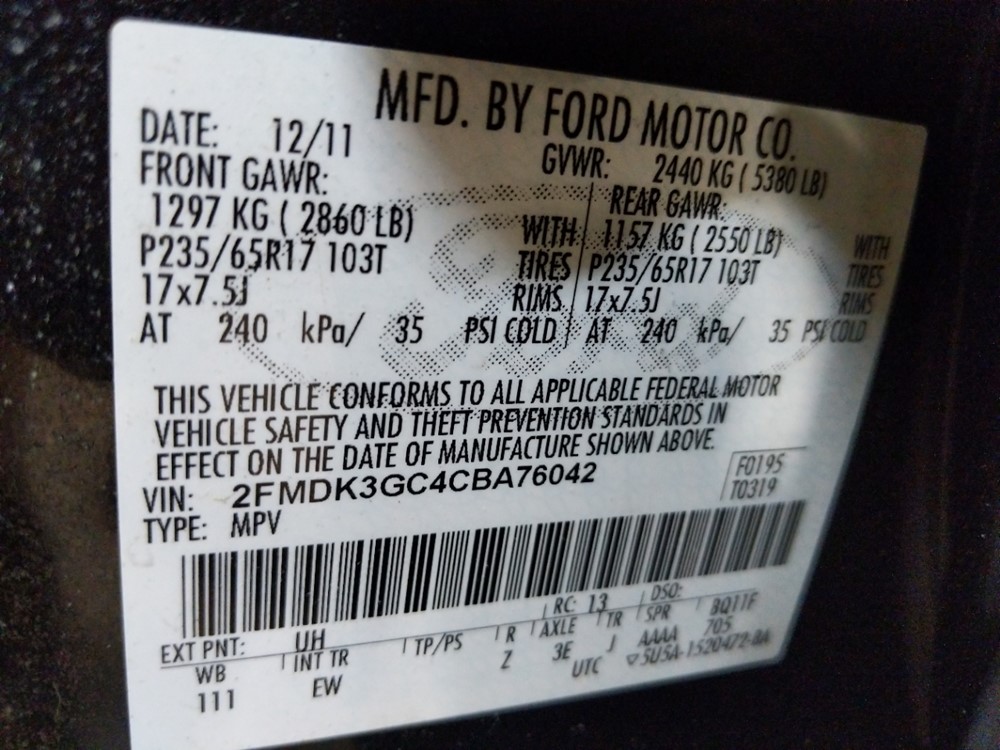 2012 Ford Edge - VIN Plate