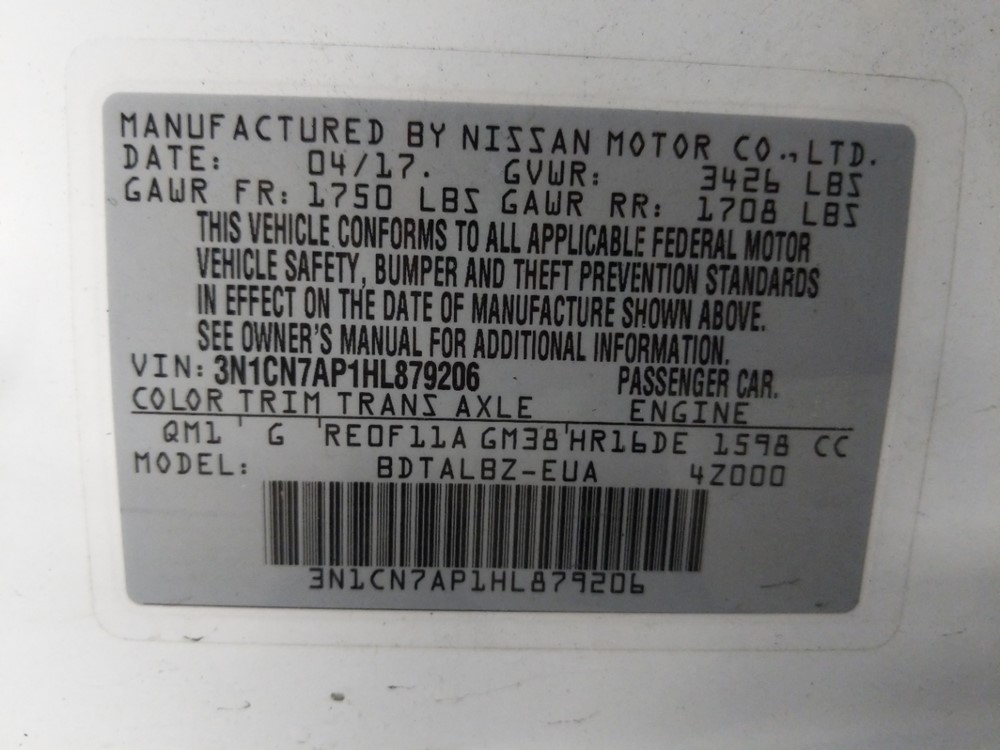 2017 Nissan Versa - VIN Plate