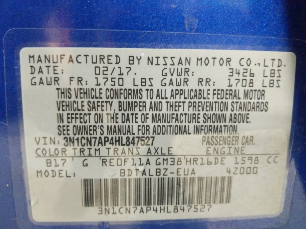 2017 Nissan Versa - VIN Plate
