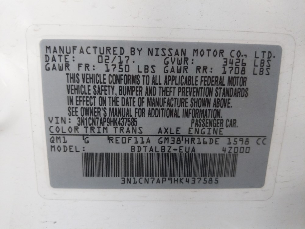 2017 Nissan Versa - VIN Plate