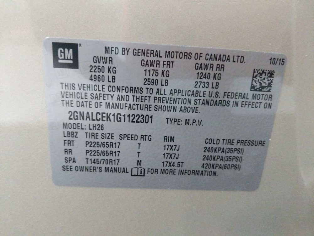 2016 Chevrolet Equinox - VIN Plate