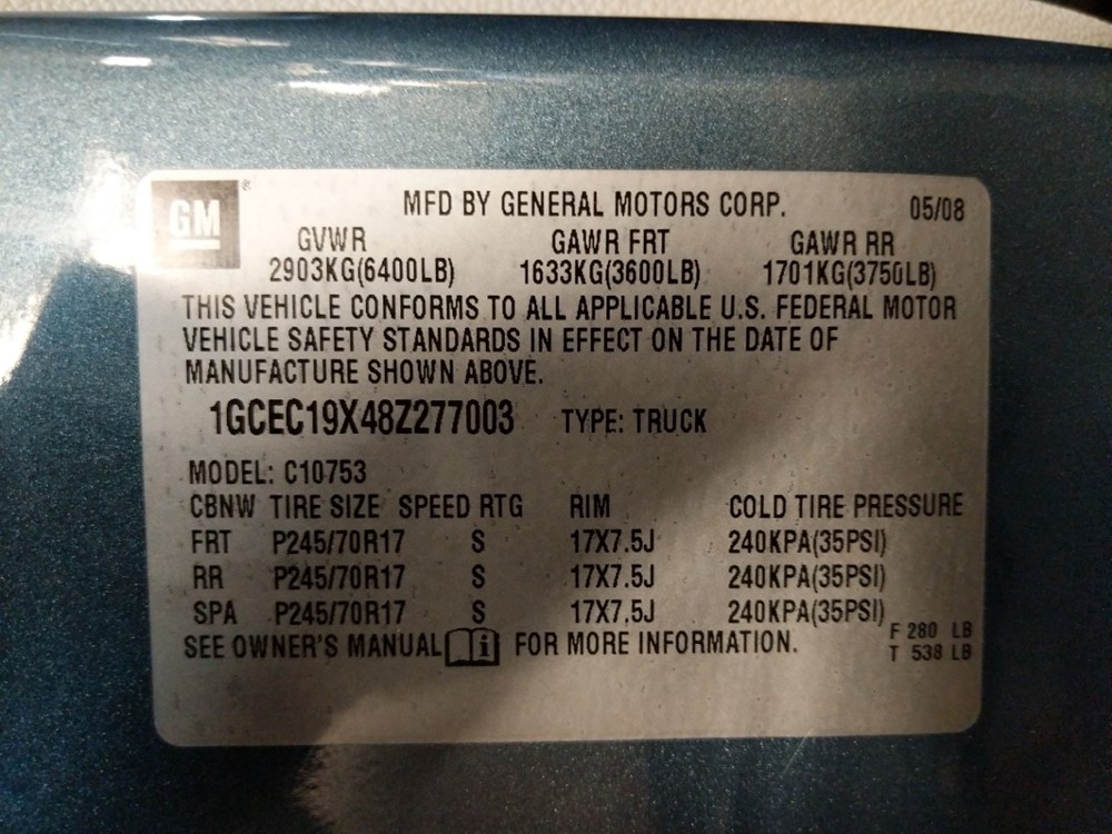 2008 Chevrolet Silverado 1500 - VIN Plate