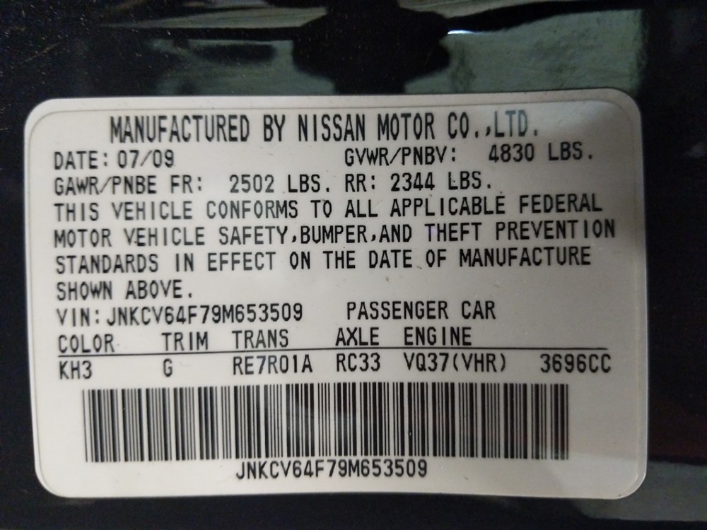 2009 INFINITI G37 - VIN Plate