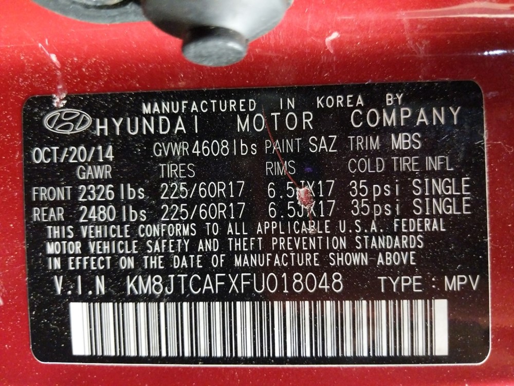 2015 Hyundai Tucson - VIN Plate