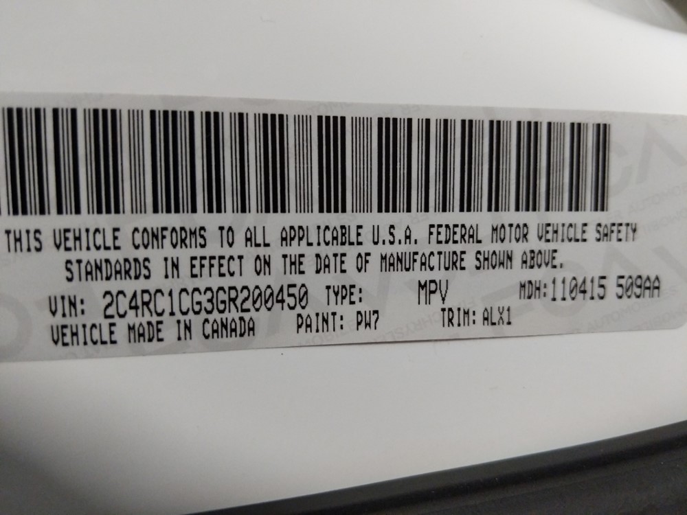 2016 Chrysler Town and Country - VIN Plate