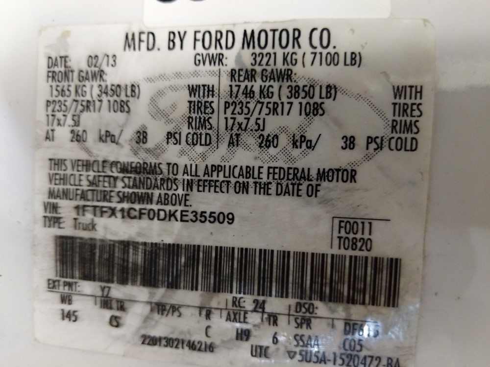 2013 Ford F-150 - VIN Plate