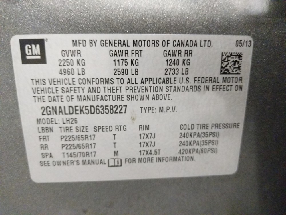 2013 Chevrolet Equinox - VIN Plate