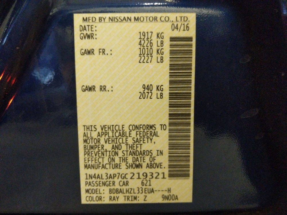 2016 Nissan Altima - VIN Plate