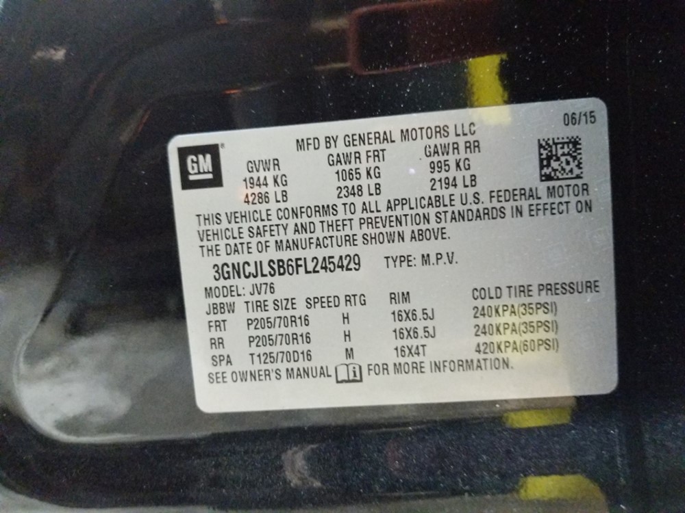 2015 Chevrolet Trax - VIN Plate