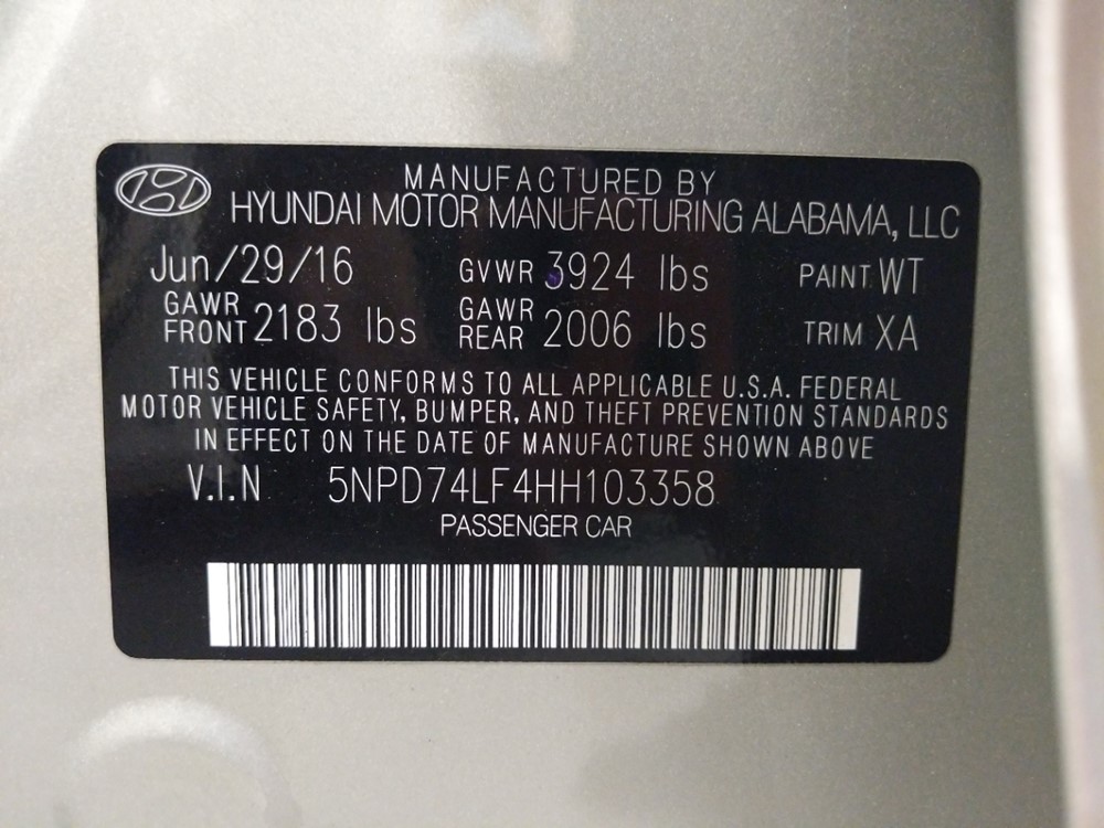 2017 Hyundai Elantra - VIN Plate