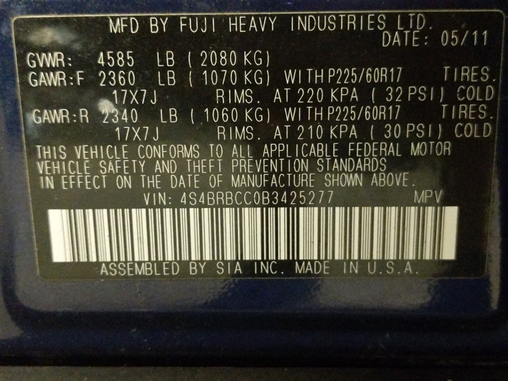 2011 Subaru Outback - VIN Plate