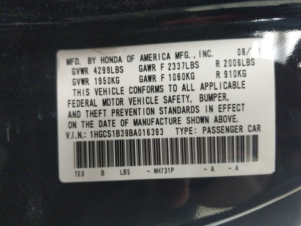 2011 Honda Accord - VIN Plate