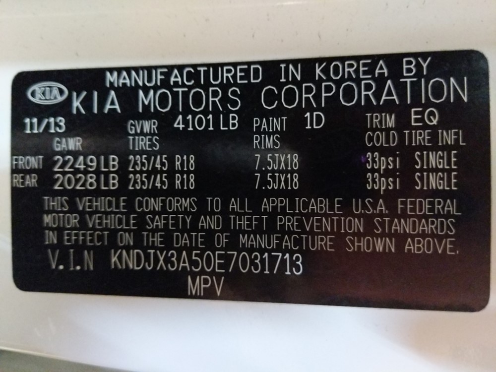 2014 Kia Soul - VIN Plate