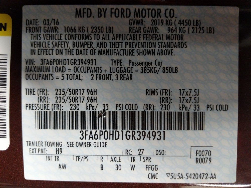 2016 Ford Fusion - VIN Plate