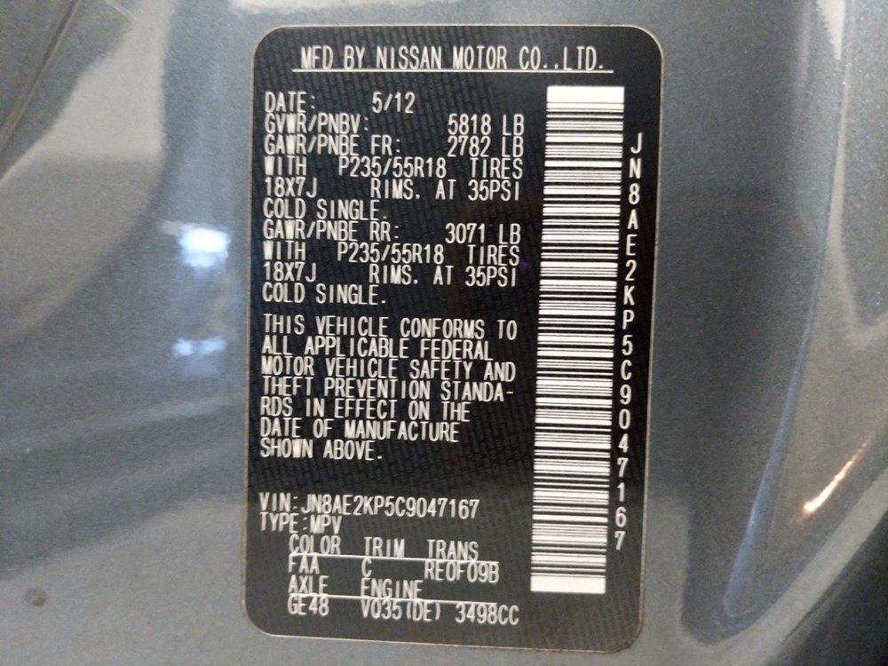 2012 Nissan Quest - VIN Plate