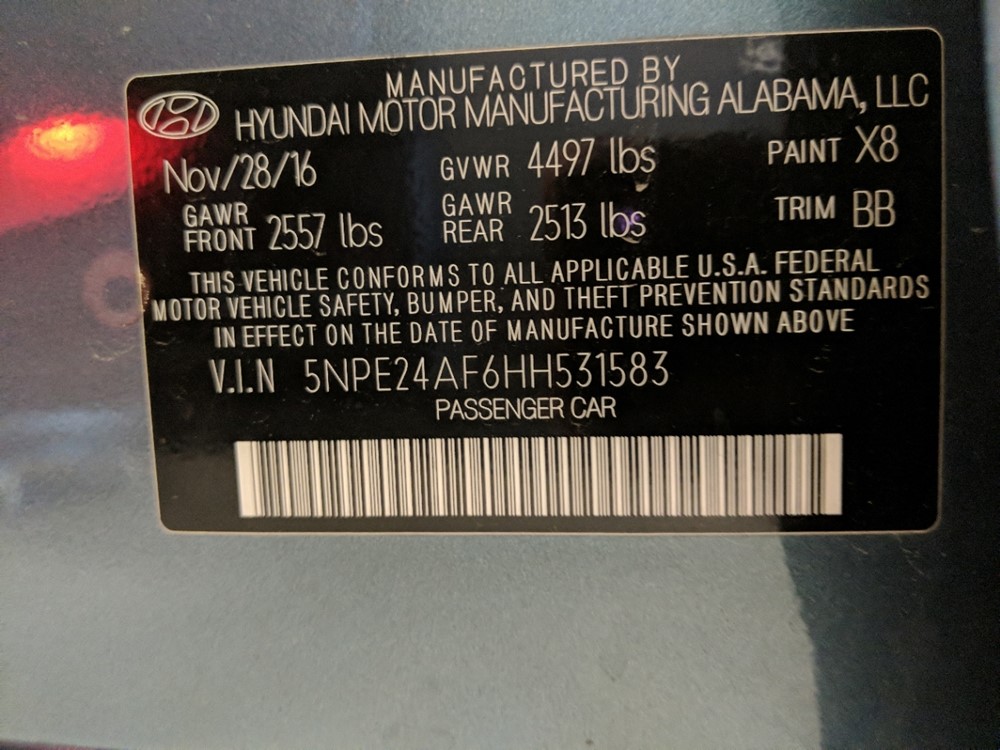2017 Hyundai Sonata - VIN Plate