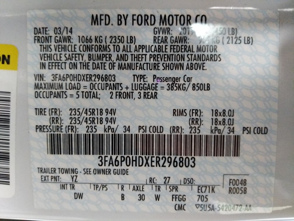 2014 Ford Fusion - VIN Plate