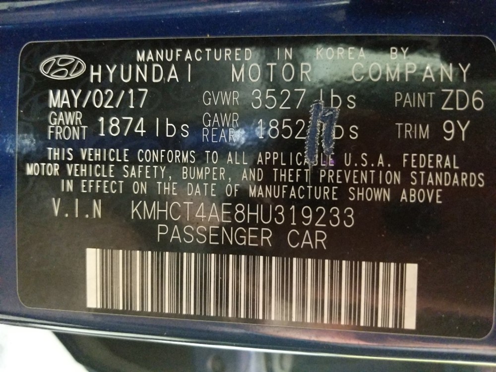 2017 Hyundai Accent - VIN Plate