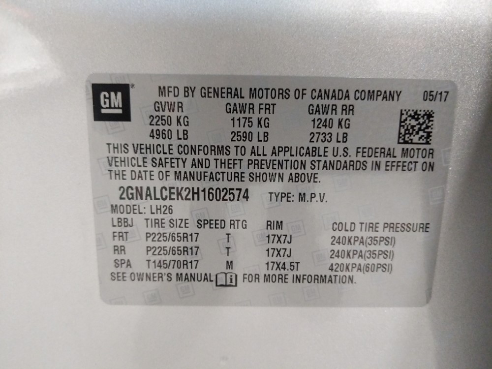 2017 Chevrolet Equinox - VIN Plate
