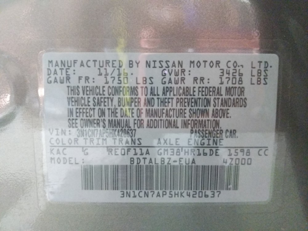 2017 Nissan Versa - VIN Plate