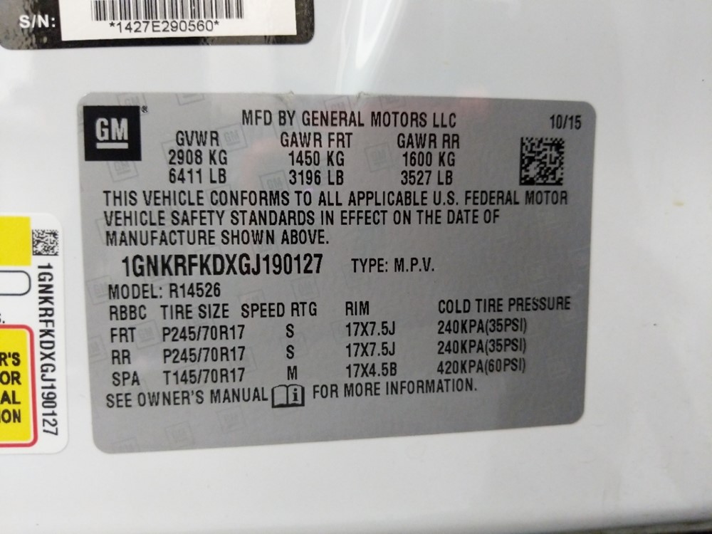 2016 Chevrolet Traverse - VIN Plate